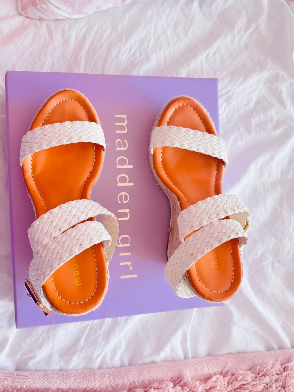 Madden Girl White Braided Strap Orange Footbed Wedge Sandals